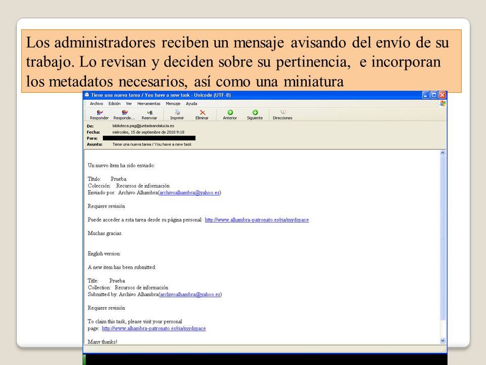 Los administradores reciben un mensaje avisando del envío de su trabajo.