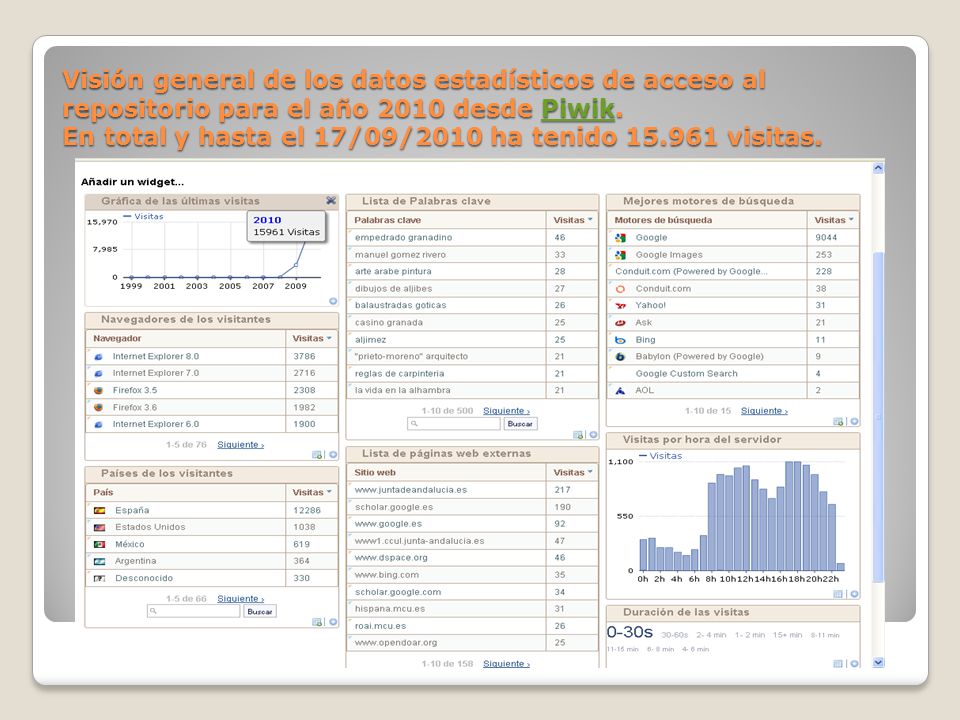 Visión general de los datos estadísticos de acceso al repositorio para el año 2010 desde Piwik.