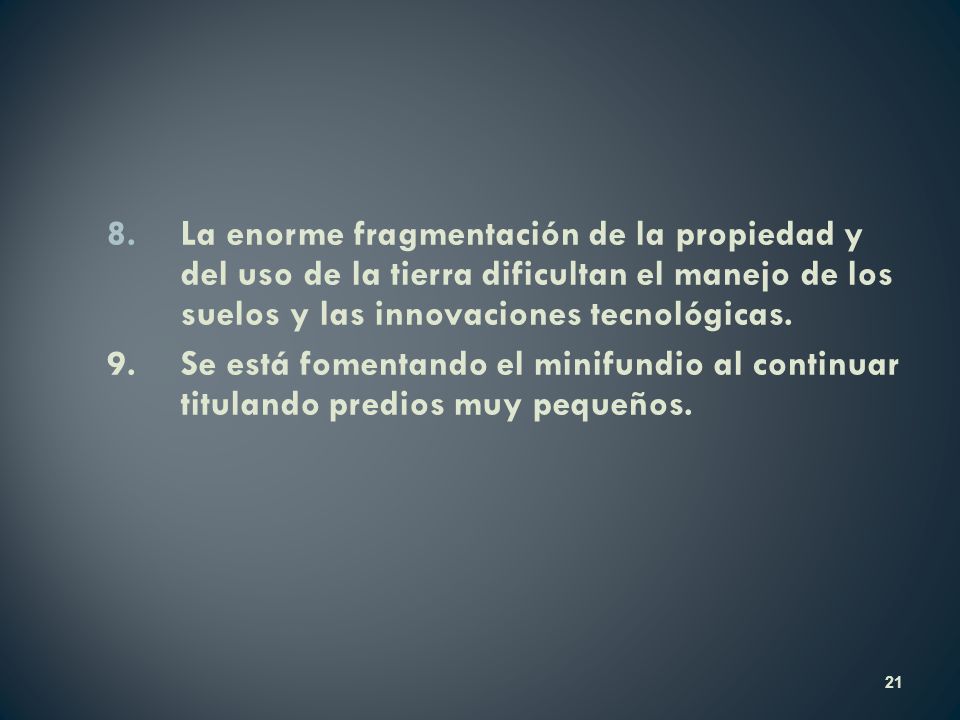 La enorme fragmentación de la propiedad y del uso de la tierra dificultan el manejo de los suelos y las innovaciones tecnológicas.