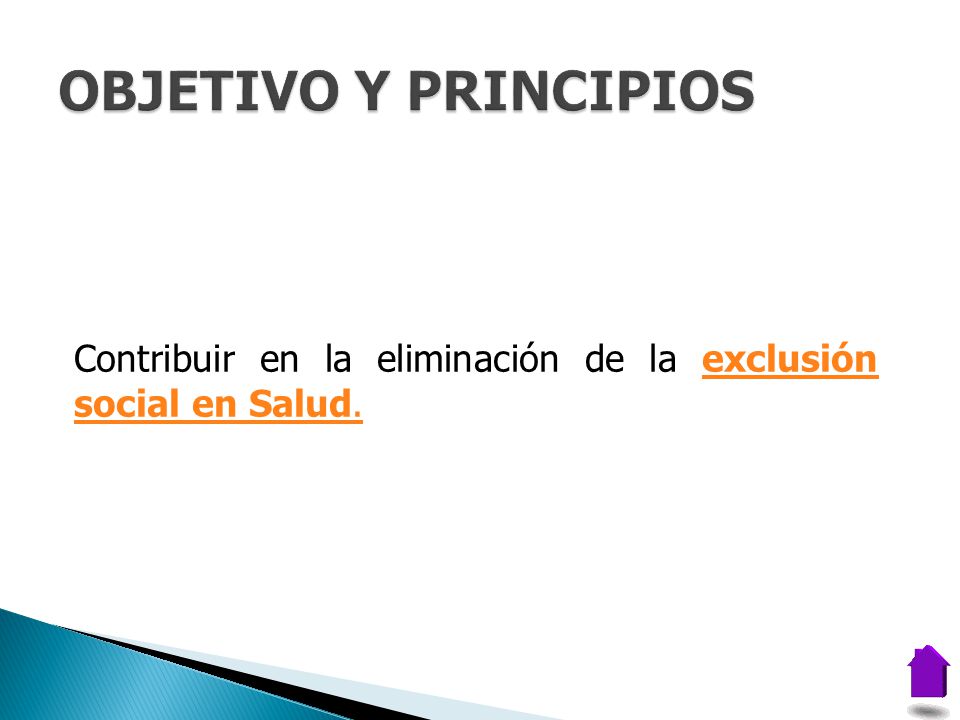 OBJETIVO Y PRINCIPIOS Contribuir en la eliminación de la exclusión social en Salud.