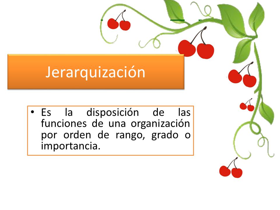Jerarquización Es la disposición de las funciones de una organización por orden de rango, grado o importancia.
