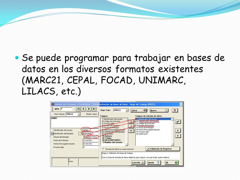 Se puede programar para trabajar en bases de datos en los diversos formatos existentes (MARC21, CEPAL, FOCAD, UNIMARC, LILACS, etc.)