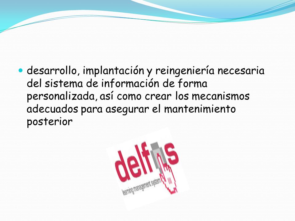 desarrollo, implantación y reingeniería necesaria del sistema de información de forma personalizada, así como crear los mecanismos adecuados para asegurar el mantenimiento posterior