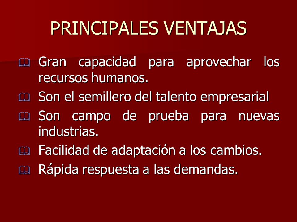 PRINCIPALES VENTAJAS Gran capacidad para aprovechar los recursos humanos. Son el semillero del talento empresarial.