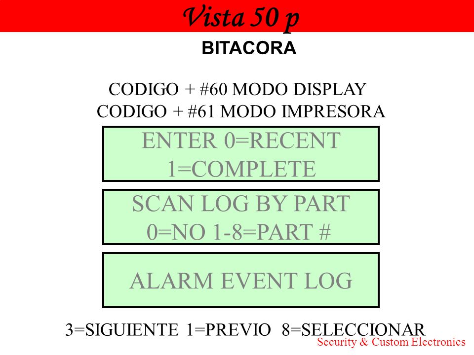 Vista 50 p ENTER 0=RECENT 1=COMPLETE SCAN LOG BY PART 0=NO 1-8=PART #