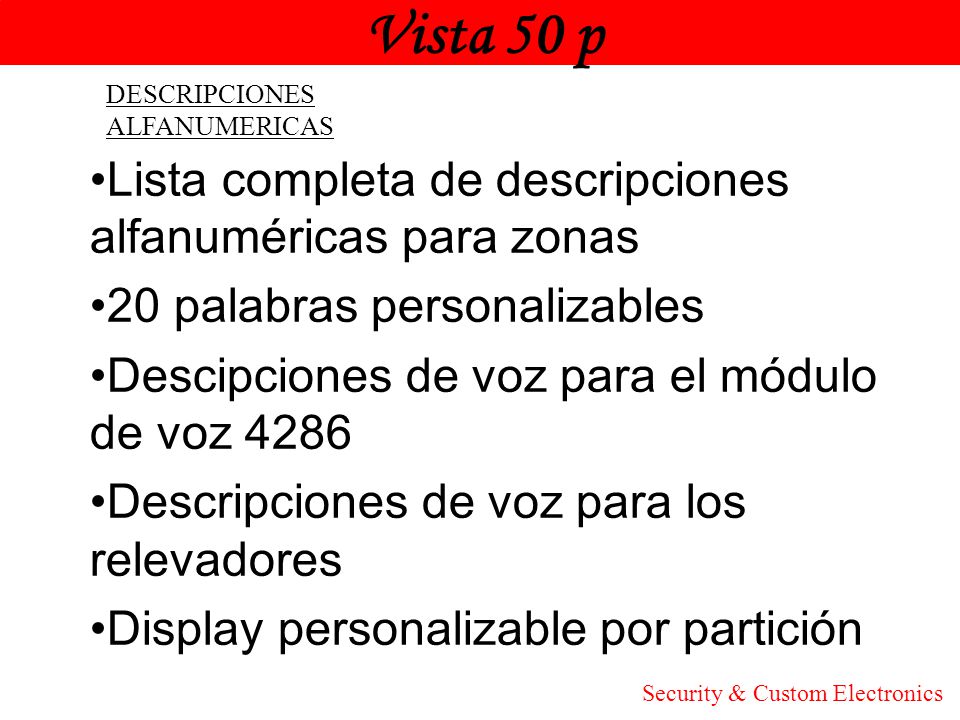Vista 50 p Lista completa de descripciones alfanuméricas para zonas