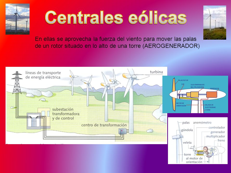 Centrales eólicas En ellas se aprovecha la fuerza del viento para mover las palas.