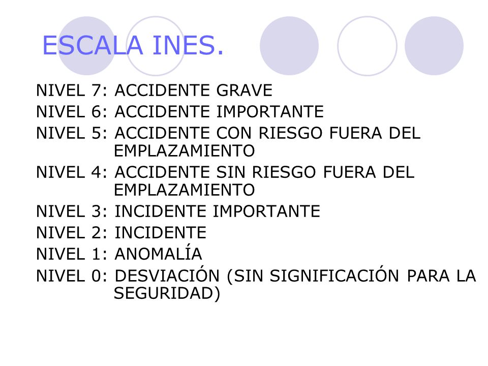 ESCALA INES. NIVEL 7: ACCIDENTE GRAVE NIVEL 6: ACCIDENTE IMPORTANTE