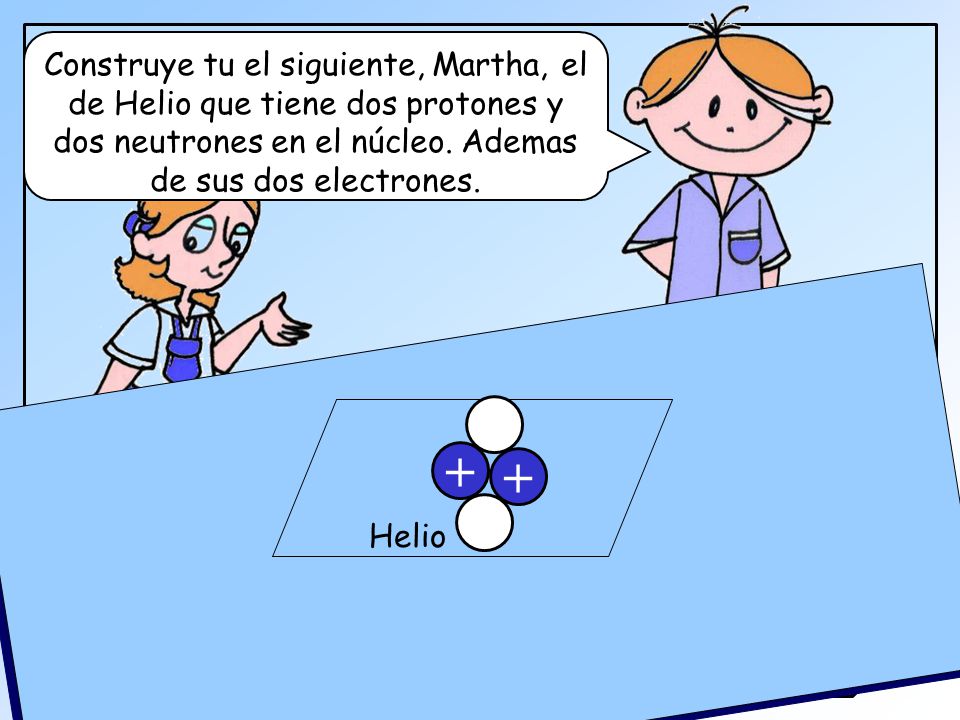 Construye tu el siguiente, Martha, el de Helio que tiene dos protones y dos neutrones en el núcleo. Ademas de sus dos electrones.