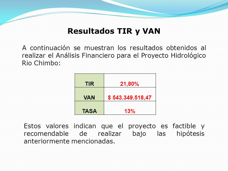 Resultados TIR y VAN A continuación se muestran los resultados obtenidos al realizar el Análisis Financiero para el Proyecto Hidrológico Rio Chimbo: