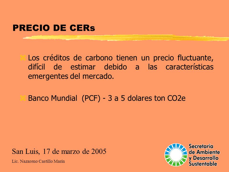 PRECIO DE CERs Los créditos de carbono tienen un precio fluctuante, difícil de estimar debido a las características emergentes del mercado.