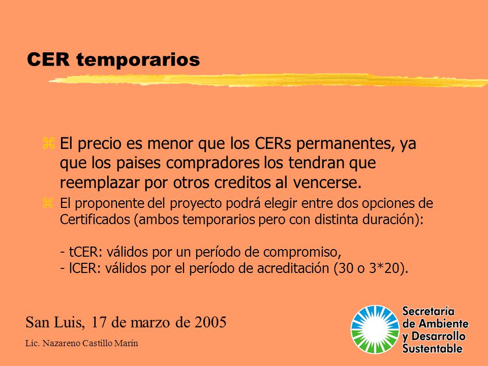 CER temporarios El precio es menor que los CERs permanentes, ya que los paises compradores los tendran que reemplazar por otros creditos al vencerse.