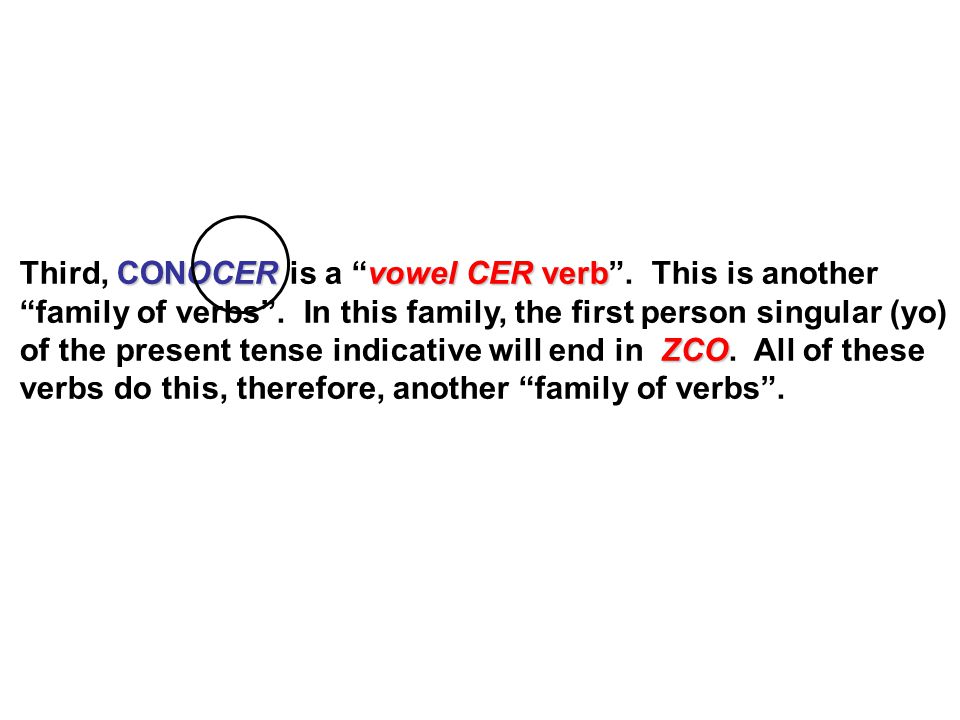 Third, CONOCER is a vowel CER verb . This is another
