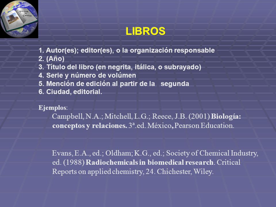 LIBROS 1. Autor(es); editor(es), o la organización responsable. 2. (Año) 3. Título del libro (en negrita, itálica, o subrayado)