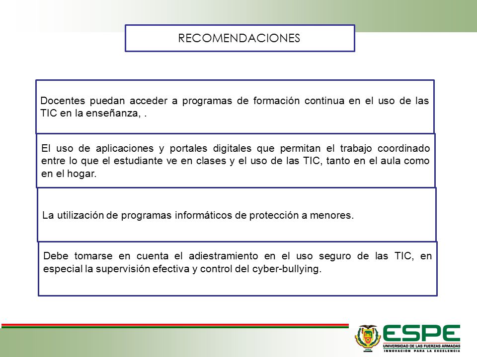 RECOMENDACIONES Docentes puedan acceder a programas de formación continua en el uso de las TIC en la enseñanza, .