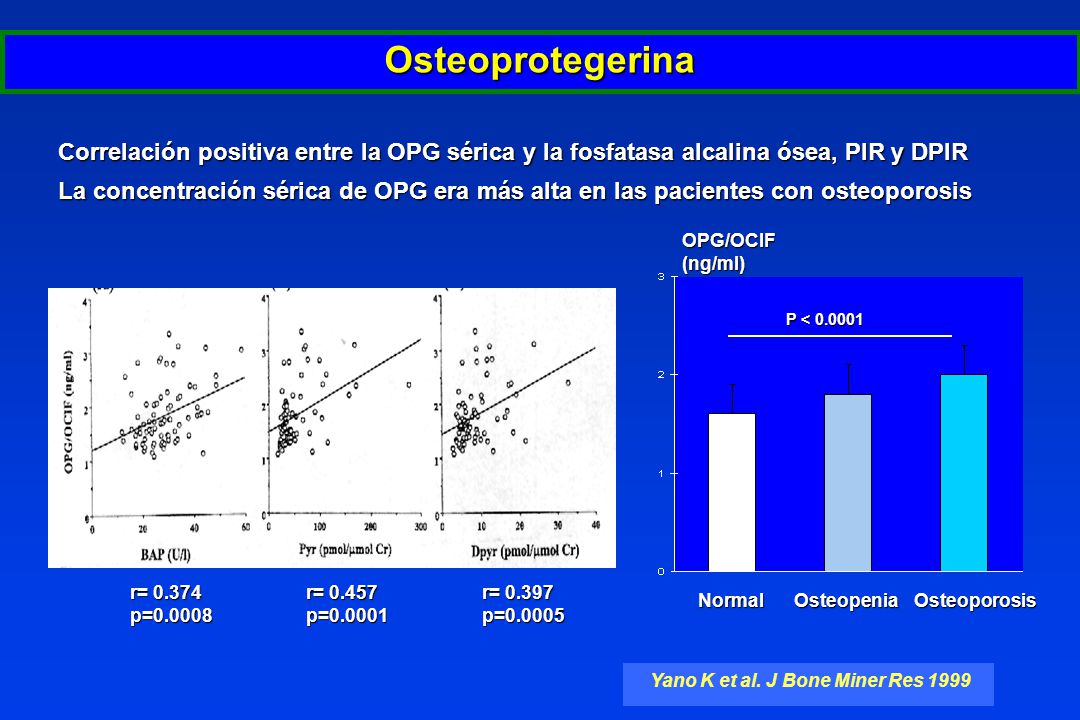 Osteoprotegerina Correlación positiva entre la OPG sérica y la fosfatasa alcalina ósea, PIR y DPIR.