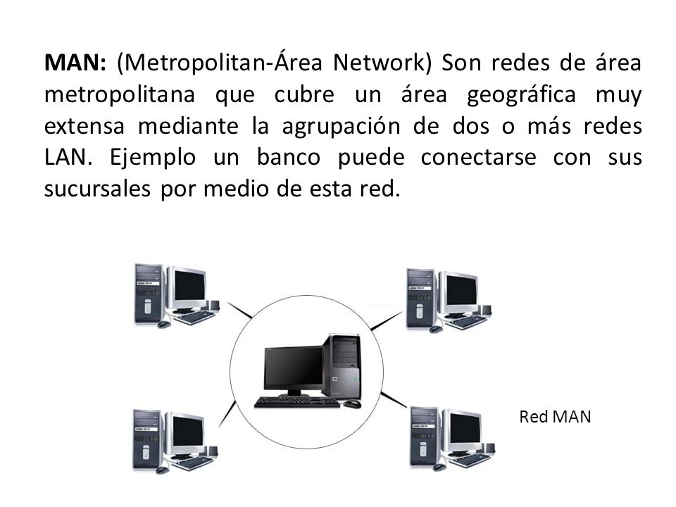MAN: (Metropolitan-Área Network) Son redes de área metropolitana que cubre un área geográfica muy extensa mediante la agrupación de dos o más redes LAN. Ejemplo un banco puede conectarse con sus sucursales por medio de esta red.