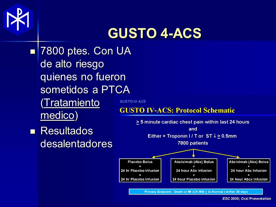GUSTO 4-ACS 7800 ptes. Con UA de alto riesgo quienes no fueron sometidos a PTCA (Tratamiento medico)