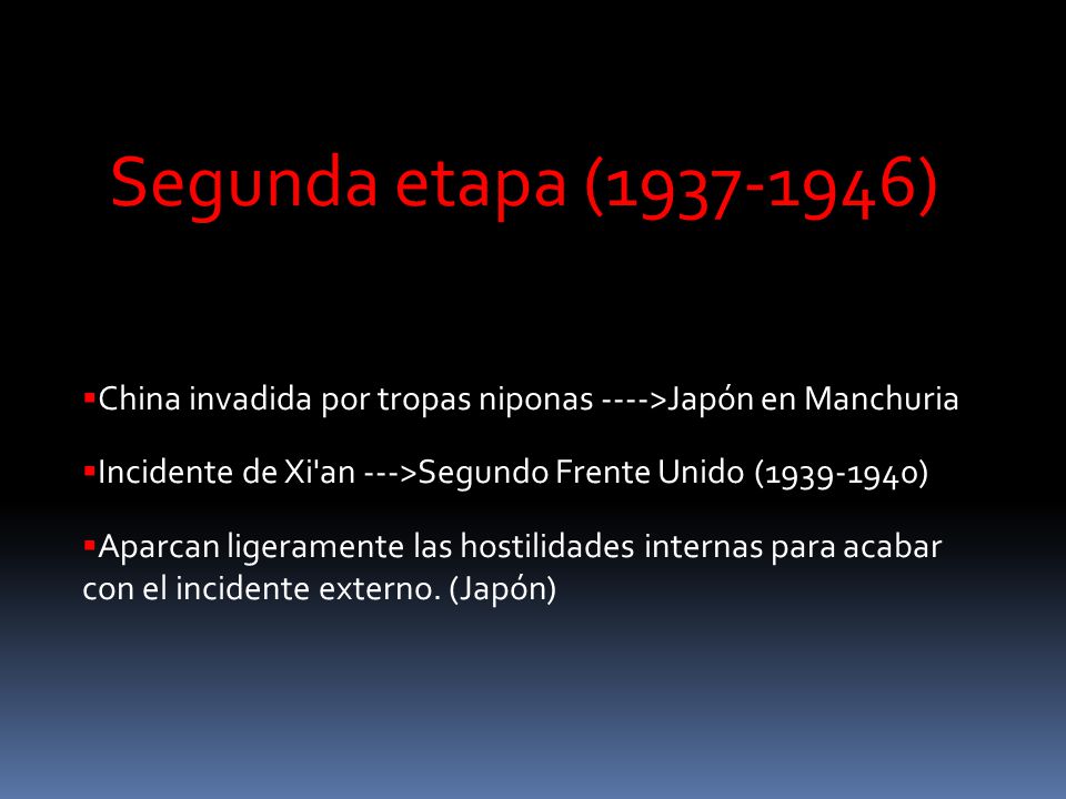 Segunda etapa ( ) China invadida por tropas niponas ---->Japón en Manchuria. Incidente de Xi an --->Segundo Frente Unido ( )