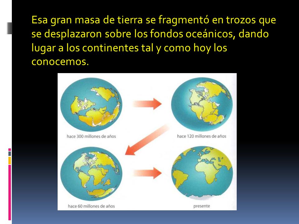 Esa gran masa de tierra se fragmentó en trozos que se desplazaron sobre los fondos oceánicos, dando lugar a los continentes tal y como hoy los conocemos.