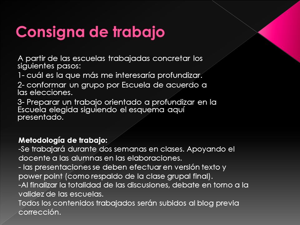 Consigna de trabajo A partir de las escuelas trabajadas concretar los siguientes pasos: 1- cuál es la que más me interesaría profundizar.