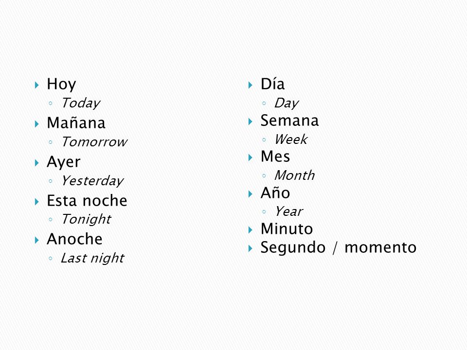 Hoy Mañana Ayer Esta noche Anoche Día Semana Mes Año Minuto