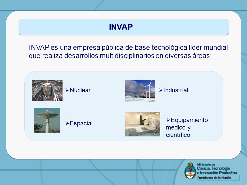 INVAP INVAP es una empresa pública de base tecnológica líder mundial que realiza desarrollos multidisciplinarios en diversas áreas: