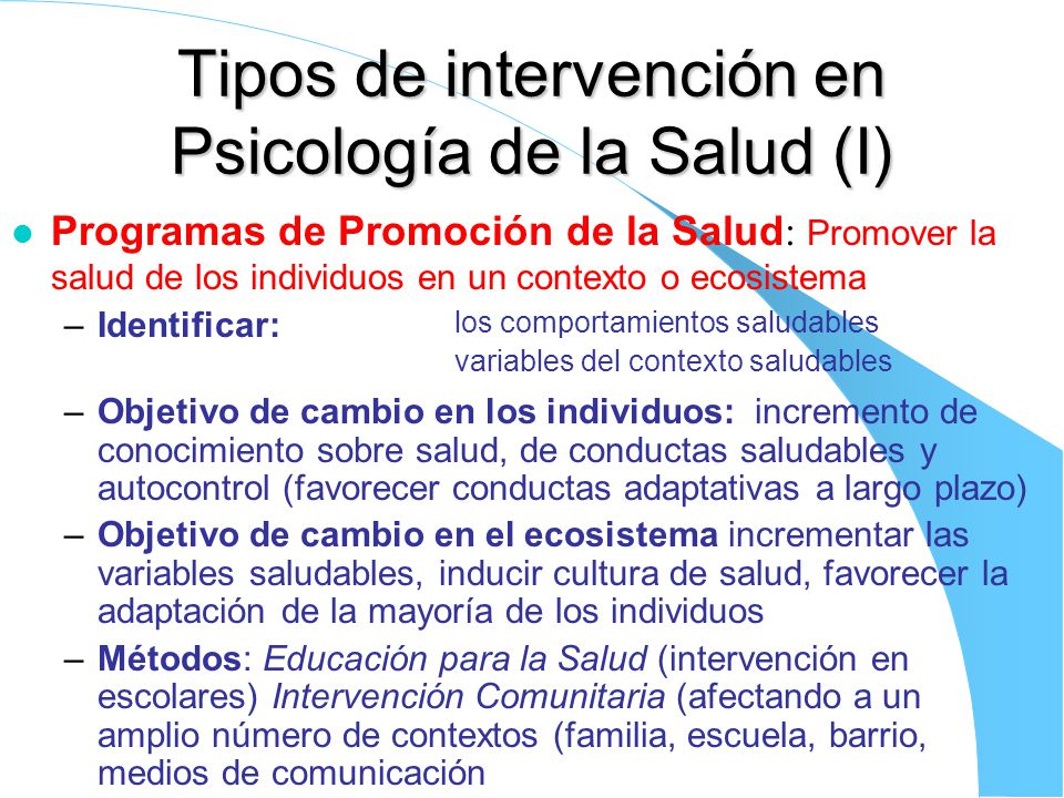Tipos de intervención en Psicología de la Salud (I)