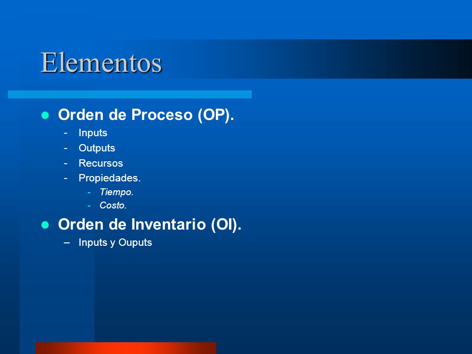 Elementos Orden de Proceso (OP). Orden de Inventario (OI). Inputs