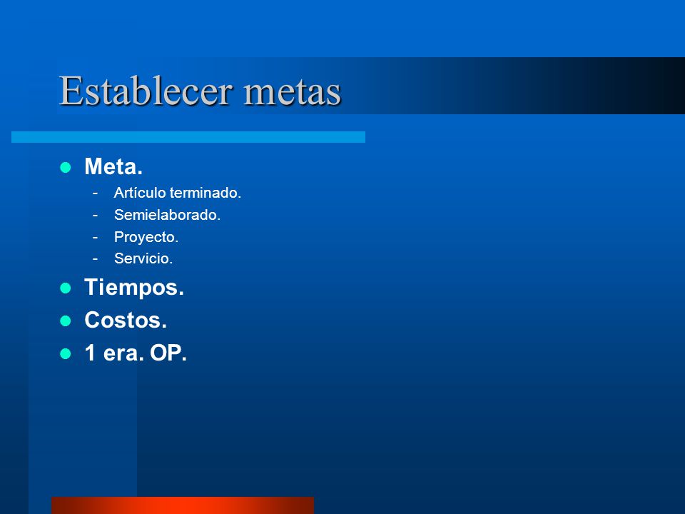 Establecer metas Meta. Tiempos. Costos. 1 era. OP. Artículo terminado.