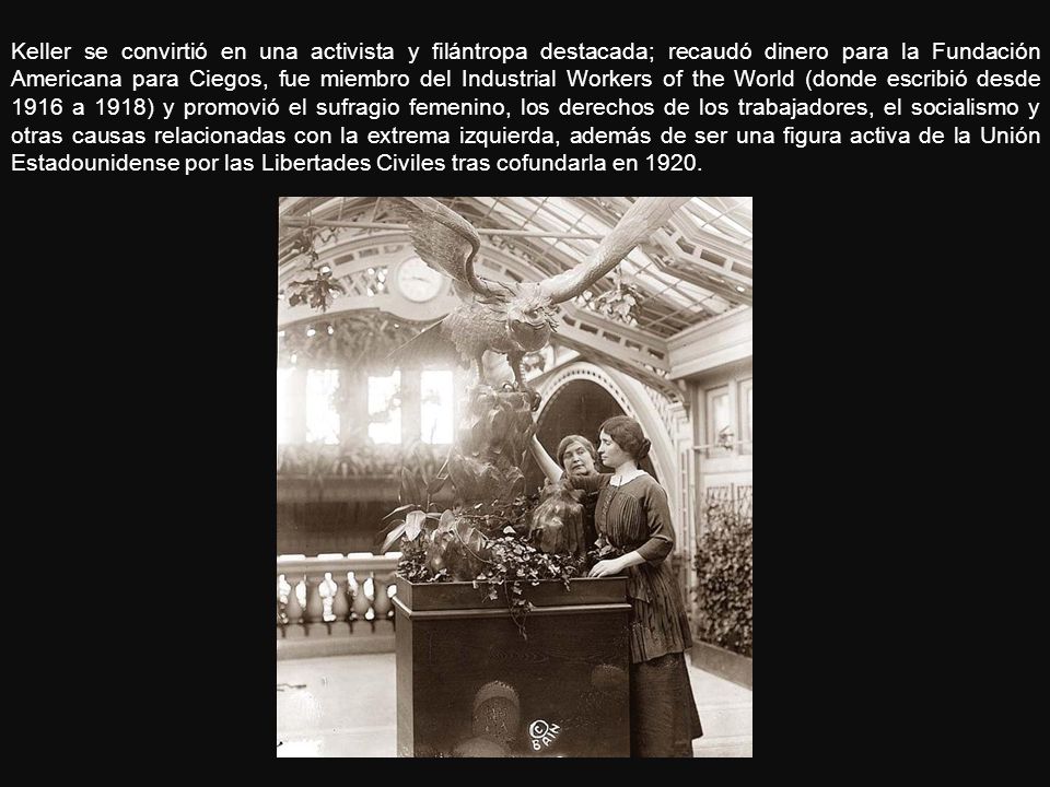Keller se convirtió en una activista y filántropa destacada; recaudó dinero para la Fundación Americana para Ciegos, fue miembro del Industrial Workers of the World (donde escribió desde 1916 a 1918) y promovió el sufragio femenino, los derechos de los trabajadores, el socialismo y otras causas relacionadas con la extrema izquierda, además de ser una figura activa de la Unión Estadounidense por las Libertades Civiles tras cofundarla en 1920.