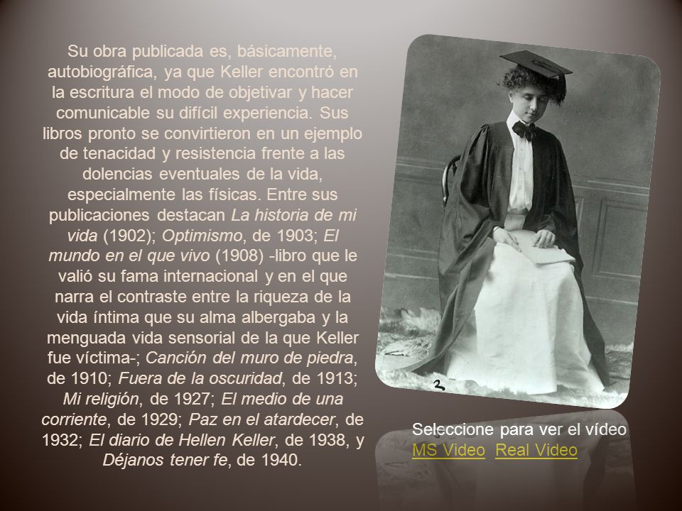 Su obra publicada es, básicamente, autobiográfica, ya que Keller encontró en la escritura el modo de objetivar y hacer comunicable su difícil experiencia. Sus libros pronto se convirtieron en un ejemplo de tenacidad y resistencia frente a las dolencias eventuales de la vida, especialmente las físicas. Entre sus publicaciones destacan La historia de mi vida (1902); Optimismo, de 1903; El mundo en el que vivo (1908) -libro que le valió su fama internacional y en el que narra el contraste entre la riqueza de la vida íntima que su alma albergaba y la menguada vida sensorial de la que Keller fue víctima-; Canción del muro de piedra, de 1910; Fuera de la oscuridad, de 1913; Mi religión, de 1927; El medio de una corriente, de 1929; Paz en el atardecer, de 1932; El diario de Hellen Keller, de 1938, y Déjanos tener fe, de 1940.