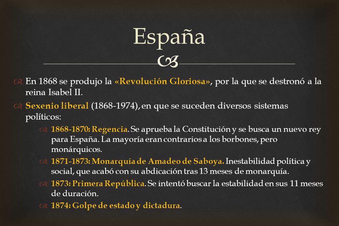 España En 1868 se produjo la «Revolución Gloriosa», por la que se destronó a la reina Isabel II.