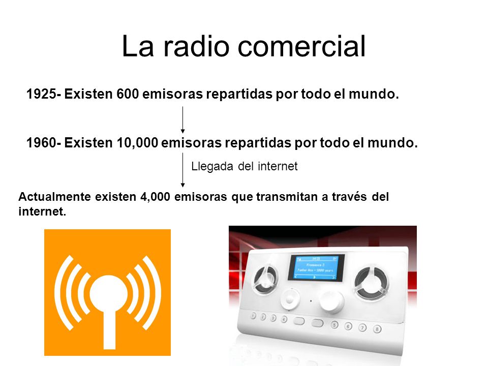 La radio comercial Existen 600 emisoras repartidas por todo el mundo Existen 10,000 emisoras repartidas por todo el mundo.