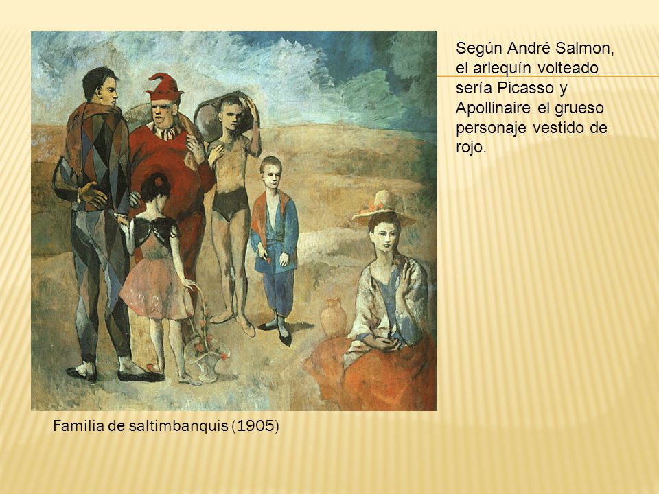 Según André Salmon, el arlequín volteado sería Picasso y Apollinaire el grueso personaje vestido de rojo.
