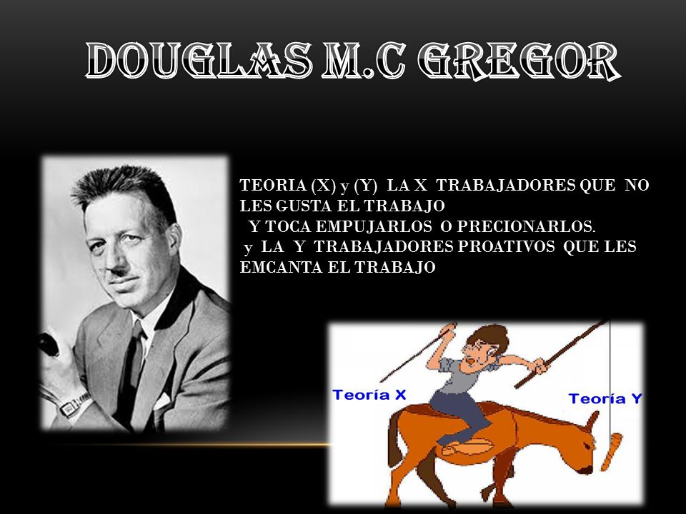 Douglas M.C Gregor TEORIA (X) y (Y) LA X TRABAJADORES QUE NO LES GUSTA EL TRABAJO. Y TOCA EMPUJARLOS O PRECIONARLOS.