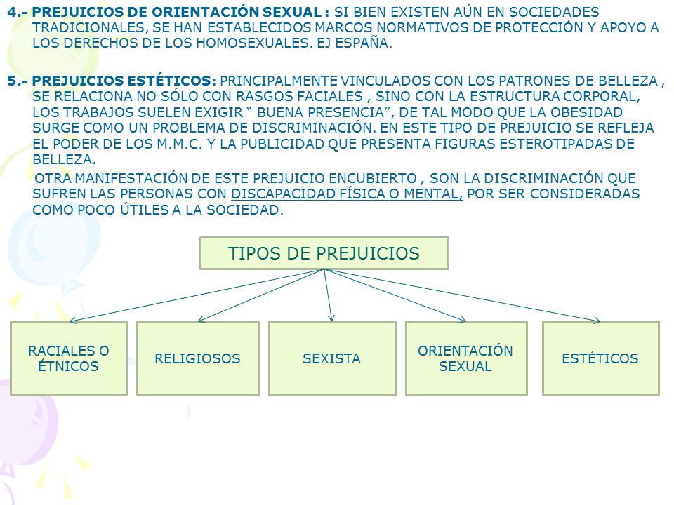 4.- PREJUICIOS DE ORIENTACIÓN SEXUAL : SI BIEN EXISTEN AÚN EN SOCIEDADES TRADICIONALES, SE HAN ESTABLECIDOS MARCOS NORMATIVOS DE PROTECCIÓN Y APOYO A LOS DERECHOS DE LOS HOMOSEXUALES. EJ ESPAÑA. 5.- PREJUICIOS ESTÉTICOS: PRINCIPALMENTE VINCULADOS CON LOS PATRONES DE BELLEZA , SE RELACIONA NO SÓLO CON RASGOS FACIALES , SINO CON LA ESTRUCTURA CORPORAL, LOS TRABAJOS SUELEN EXIGIR BUENA PRESENCIA , DE TAL MODO QUE LA OBESIDAD SURGE COMO UN PROBLEMA DE DISCRIMINACIÓN. EN ESTE TIPO DE PREJUICIO SE REFLEJA EL PODER DE LOS M.M.C. Y LA PUBLICIDAD QUE PRESENTA FIGURAS ESTEROTIPADAS DE BELLEZA. OTRA MANIFESTACIÓN DE ESTE PREJUICIO ENCUBIERTO , SON LA DISCRIMINACIÓN QUE SUFREN LAS PERSONAS CON DISCAPACIDAD FÍSICA O MENTAL, POR SER CONSIDERADAS COMO POCO ÚTILES A LA SOCIEDAD.