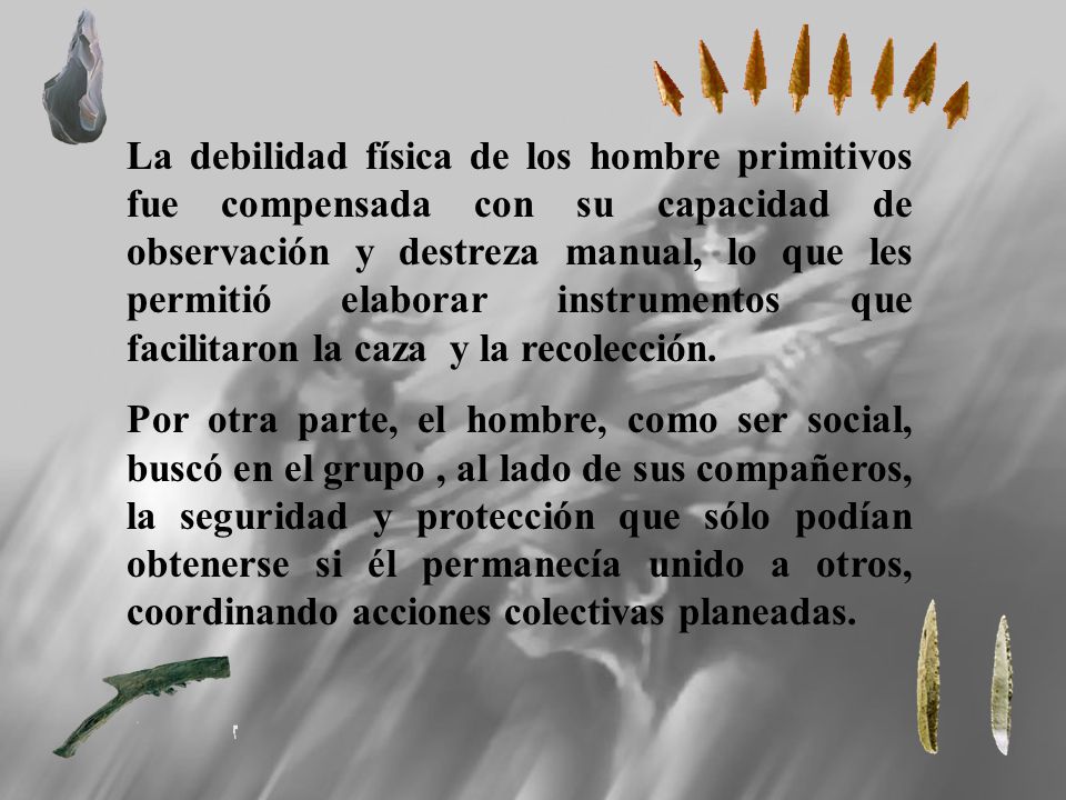 La debilidad física de los hombre primitivos fue compensada con su capacidad de observación y destreza manual, lo que les permitió elaborar instrumentos que facilitaron la caza y la recolección.