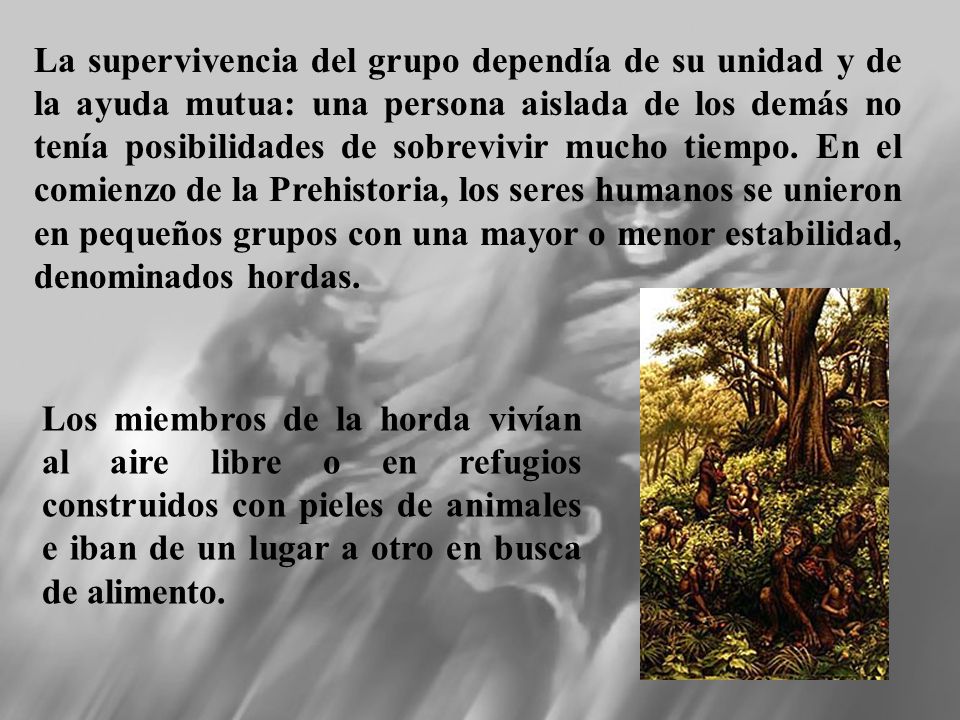 La supervivencia del grupo dependía de su unidad y de la ayuda mutua: una persona aislada de los demás no tenía posibilidades de sobrevivir mucho tiempo. En el comienzo de la Prehistoria, los seres humanos se unieron en pequeños grupos con una mayor o menor estabilidad, denominados hordas.