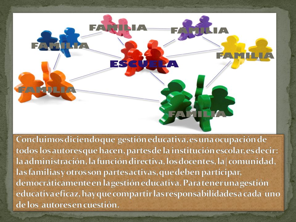 Concluimos diciendo que gestión educativa, es una ocupación de todos los autores que hacen, partes de la institución escolar, es decir: la administración, la función directiva, los docentes, la| comunidad, las familias y otros son partes activas, que deben participar, democráticamente en la gestión educativa.