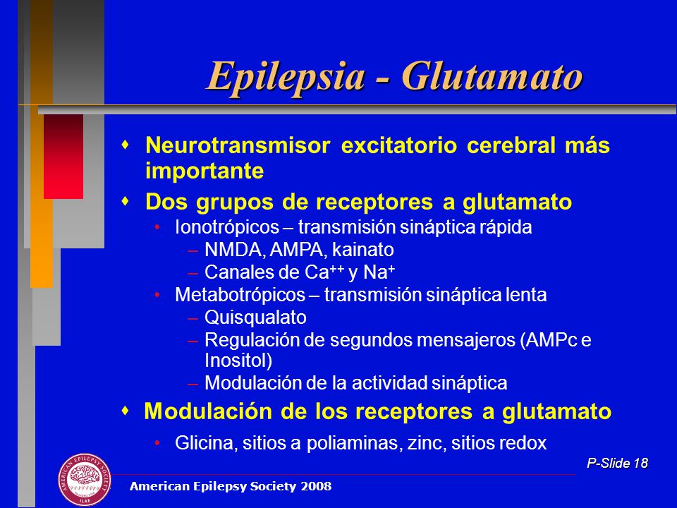 Epilepsia - Glutamato  Neurotransmisor excitatorio cerebral más importante.  Dos grupos de receptores a glutamato.