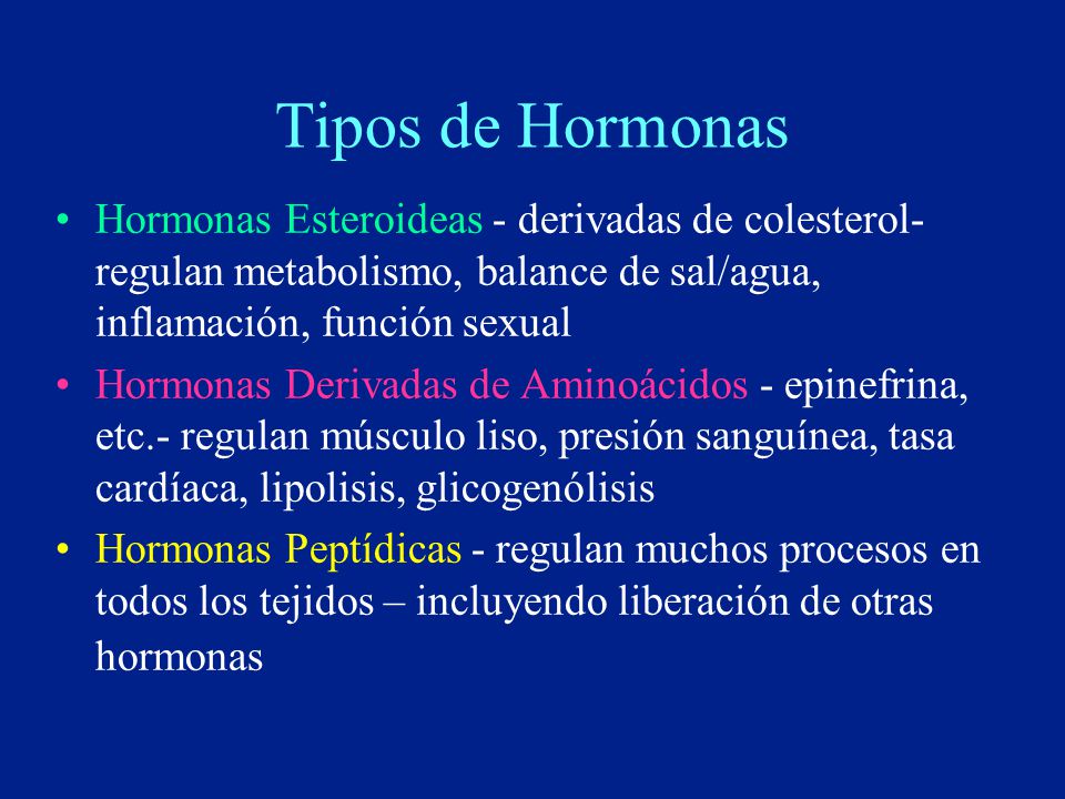 Tipos de Hormonas Hormonas Esteroideas - derivadas de colesterol- regulan metabolismo, balance de sal/agua, inflamación, función sexual.