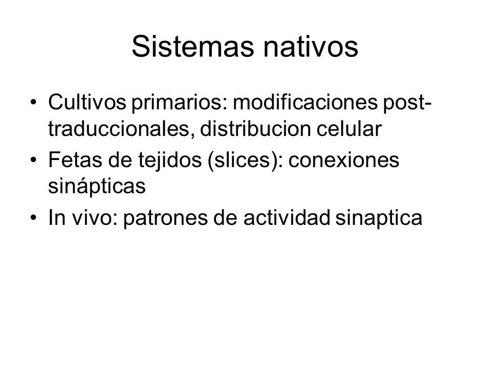 Sistemas nativos Cultivos primarios: modificaciones post-traduccionales, distribucion celular. Fetas de tejidos (slices): conexiones sinápticas.