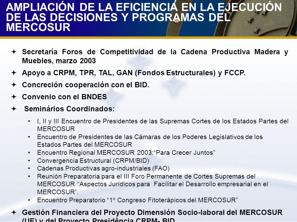 AMPLIACIÓN DE LA EFICIENCIA EN LA EJECUCIÓN DE LAS DECISIONES Y PROGRAMAS DEL MERCOSUR