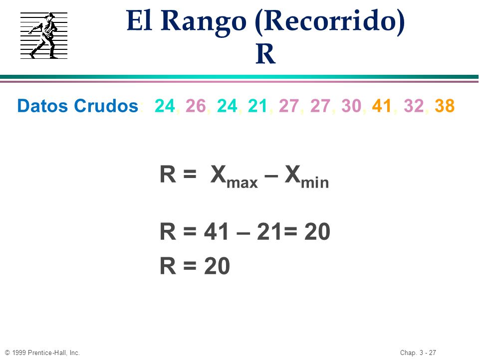 El Rango (Recorrido) R R = Xmax – Xmin R = 41 – 21= 20 R = 20