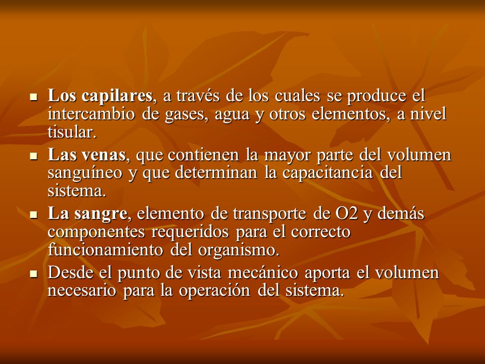 Los capilares, a través de los cuales se produce el intercambio de gases, agua y otros elementos, a nivel tisular.