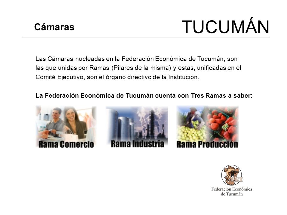 TUCUMÁN Cámaras. Las Cámaras nucleadas en la Federación Económica de Tucumán, son.