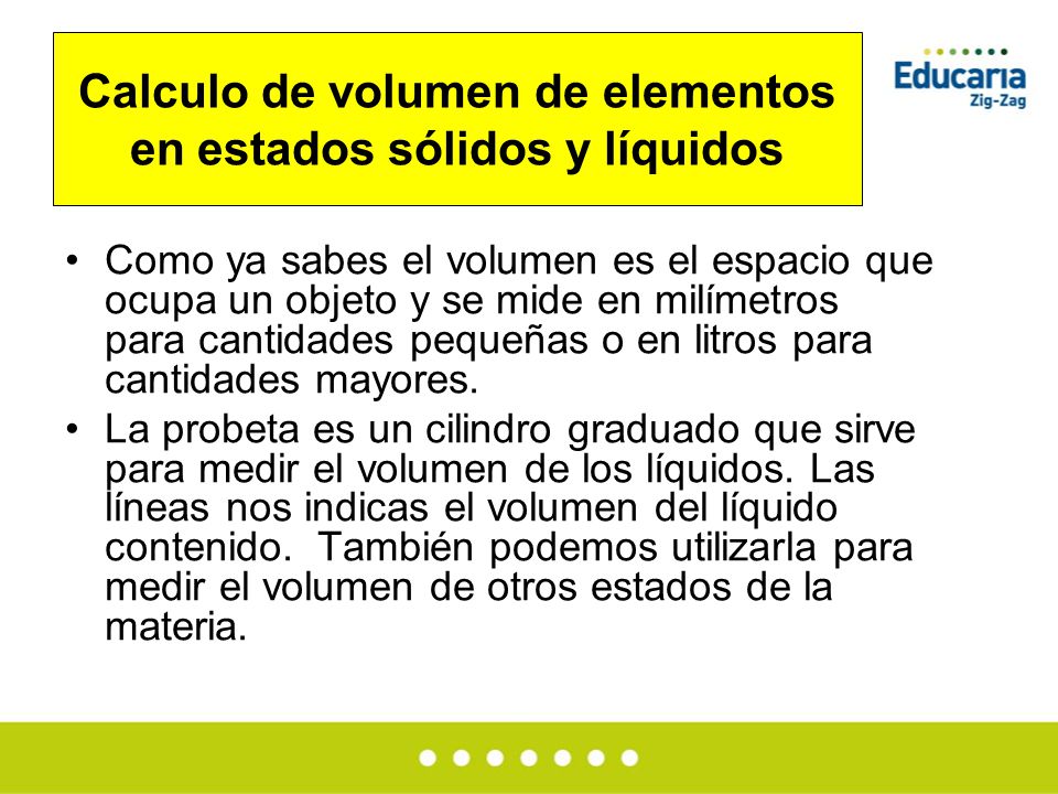 Calculo de volumen de elementos en estados sólidos y líquidos