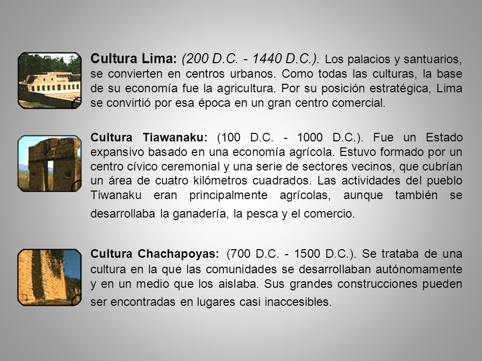 Cultura Lima: (200 D.C D.C.). Los palacios y santuarios, se convierten en centros urbanos. Como todas las culturas, la base de su economía fue la agricultura. Por su posición estratégica, Lima se convirtió por esa época en un gran centro comercial.