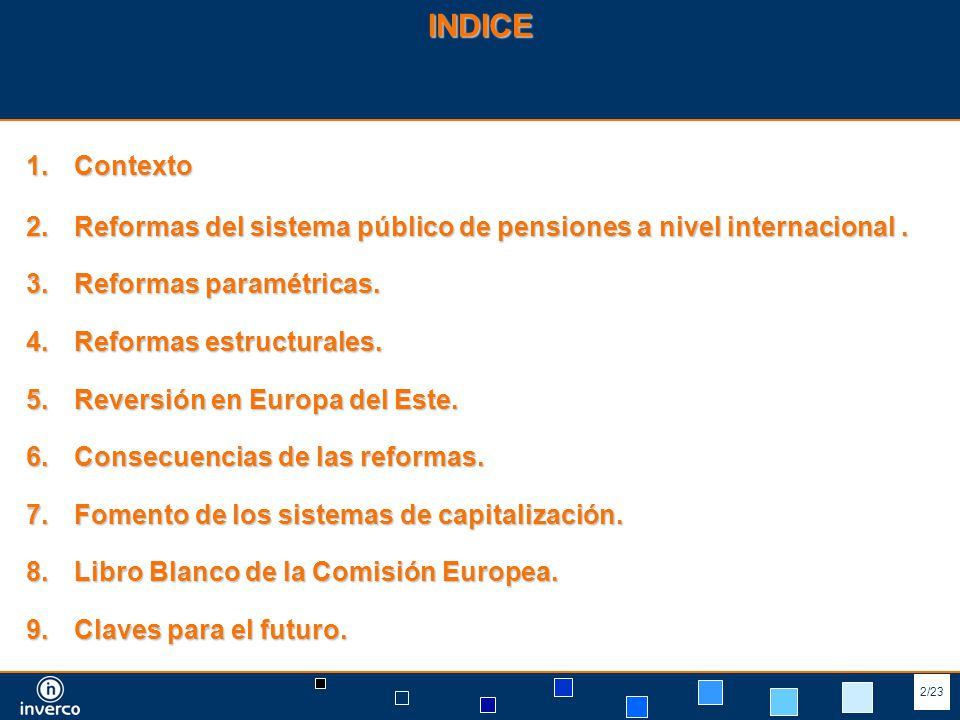 INDICE Contexto. Reformas del sistema público de pensiones a nivel internacional . Reformas paramétricas.